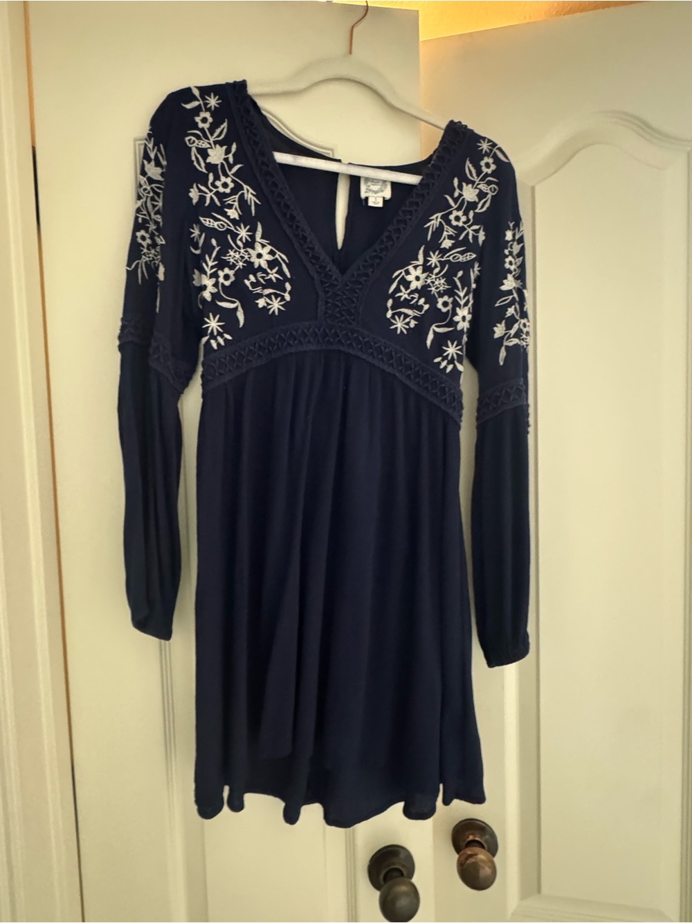 Blue Rain Navy Long-Sleeve V-Neck Dress with White Floral Embroidery